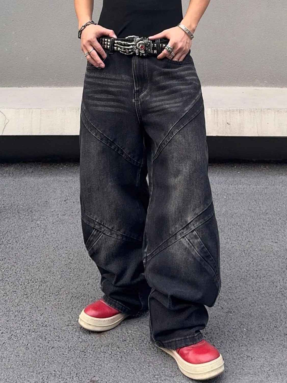 Mens Baggy Jeans Patchwork Y2k Hip Hop Wide Leg Denim Pants Casual Loose Fit Trousers Streetwear