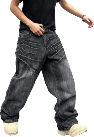 Mens Baggy Jeans Patchwork Y2k Hip Hop Wide Leg Denim Pants Casual Loose Fit Trousers Streetwear