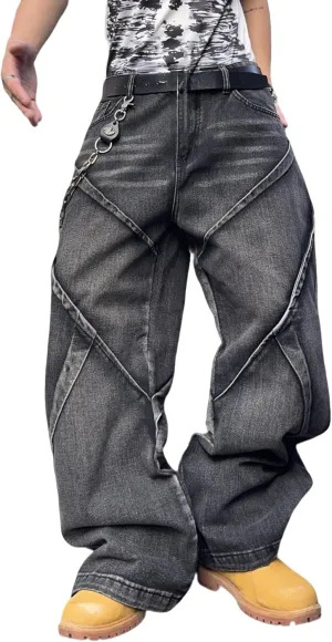 Mens Baggy Jeans Patchwork Y2k Hip Hop Wide Leg Denim Pants Casual Loose Fit Trousers Streetwear
