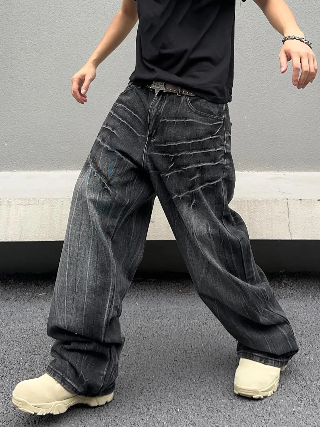 Mens Baggy Jeans Patchwork Y2k Hip Hop Wide Leg Denim Pants Casual Loose Fit Trousers Streetwear