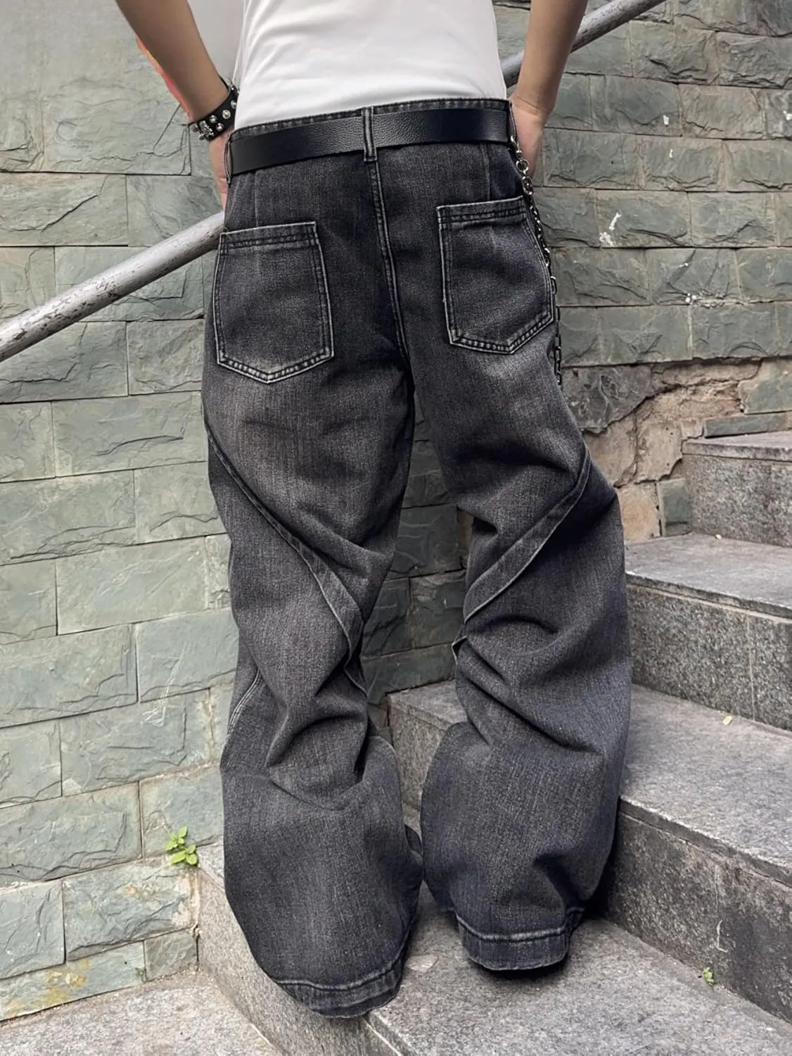 Mens Baggy Jeans Patchwork Y2k Hip Hop Wide Leg Denim Pants Casual Loose Fit Trousers Streetwear