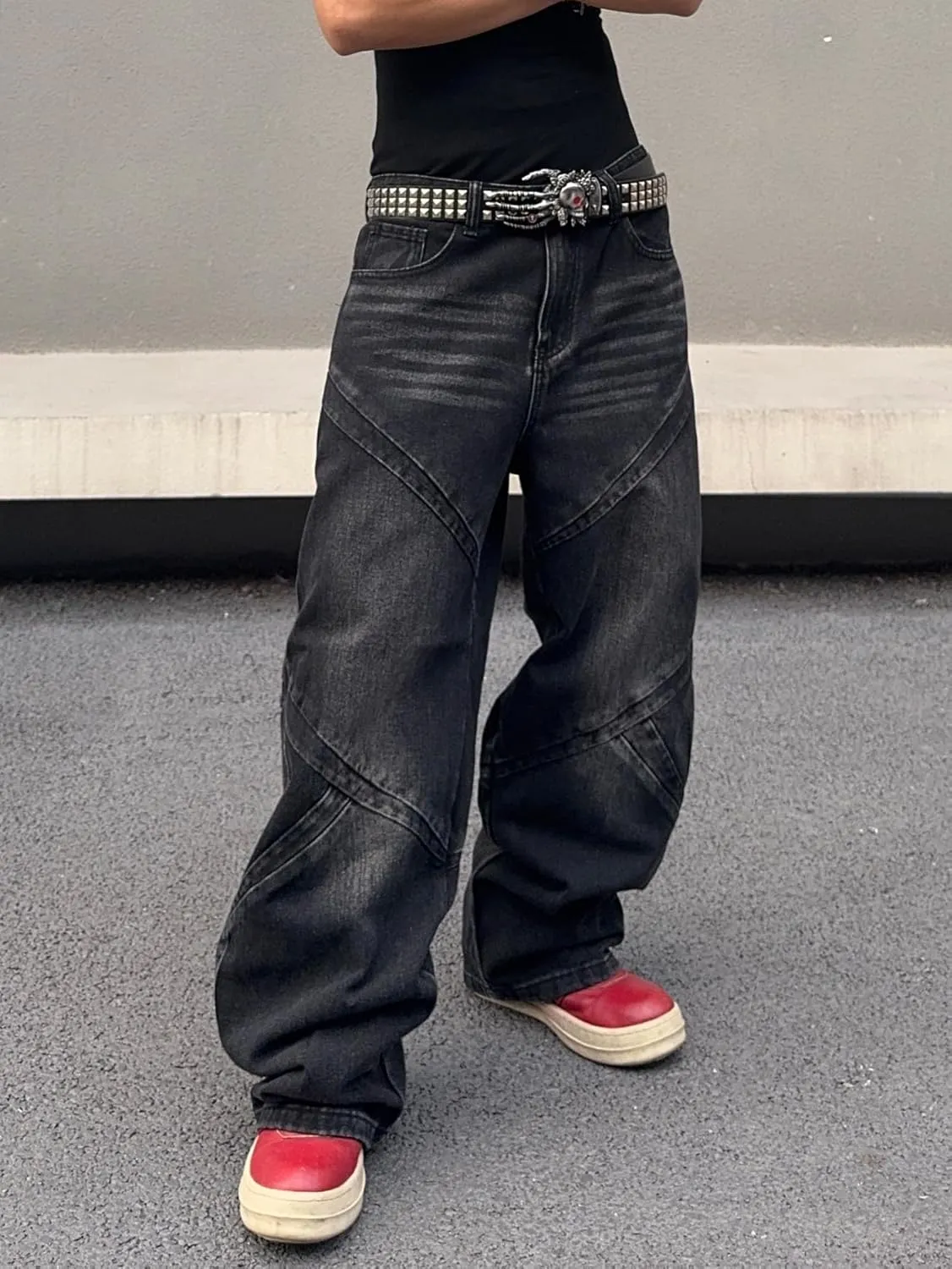 Mens Baggy Jeans Patchwork Y2k Hip Hop Wide Leg Denim Pants Casual Loose Fit Trousers Streetwear