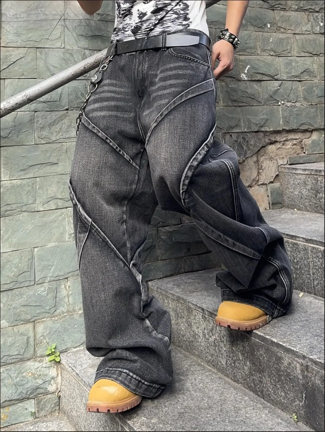 Mens Baggy Jeans Patchwork Y2k Hip Hop Wide Leg Denim Pants Casual Loose Fit Trousers Streetwear