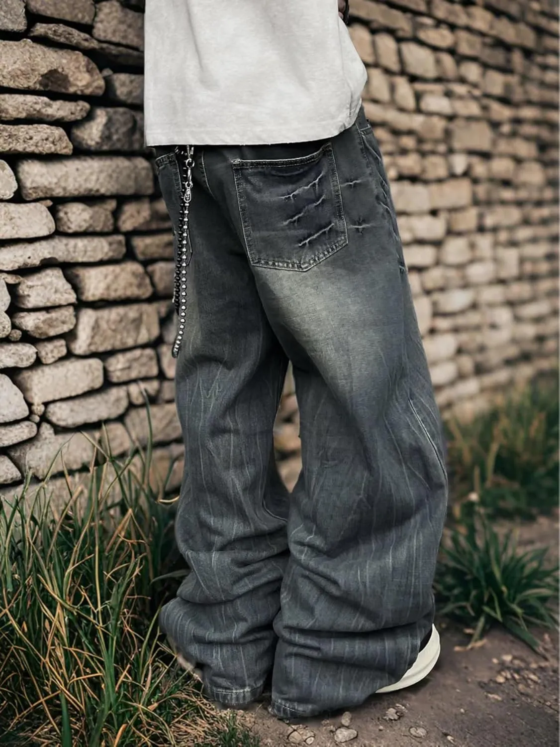 Mens Baggy Jeans Patchwork Y2k Hip Hop Wide Leg Denim Pants Casual Loose Fit Trousers Streetwear