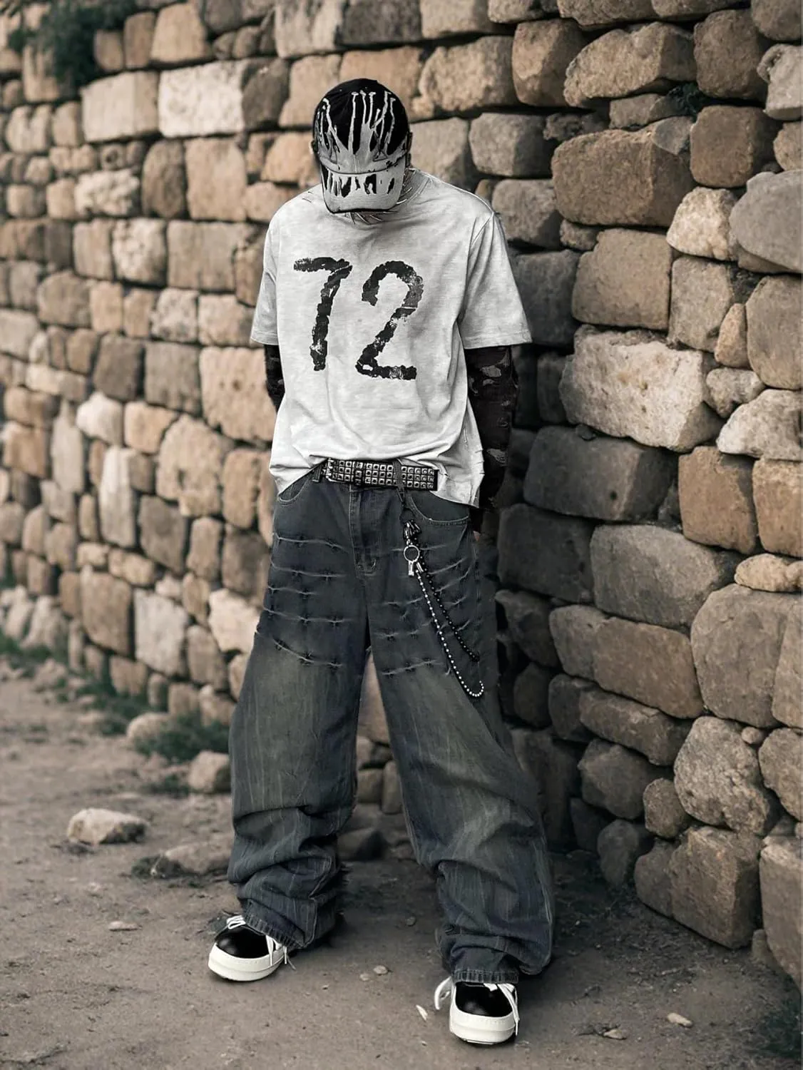 Mens Baggy Jeans Patchwork Y2k Hip Hop Wide Leg Denim Pants Casual Loose Fit Trousers Streetwear