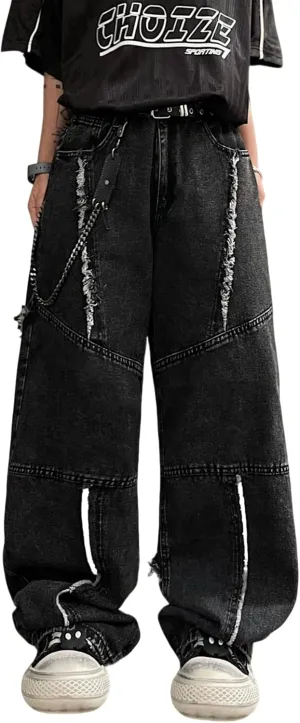 Mens Baggy Jeans Patchwork Y2k Hip Hop Wide Leg Denim Pants Casual Loose Fit Trousers Streetwear