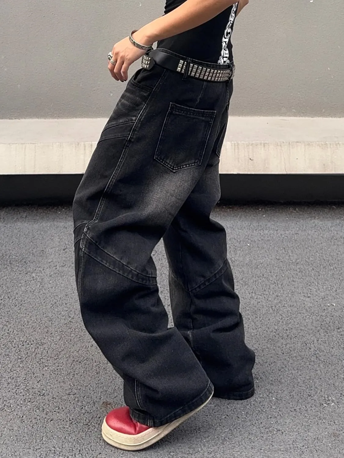 Mens Baggy Jeans Patchwork Y2k Hip Hop Wide Leg Denim Pants Casual Loose Fit Trousers Streetwear