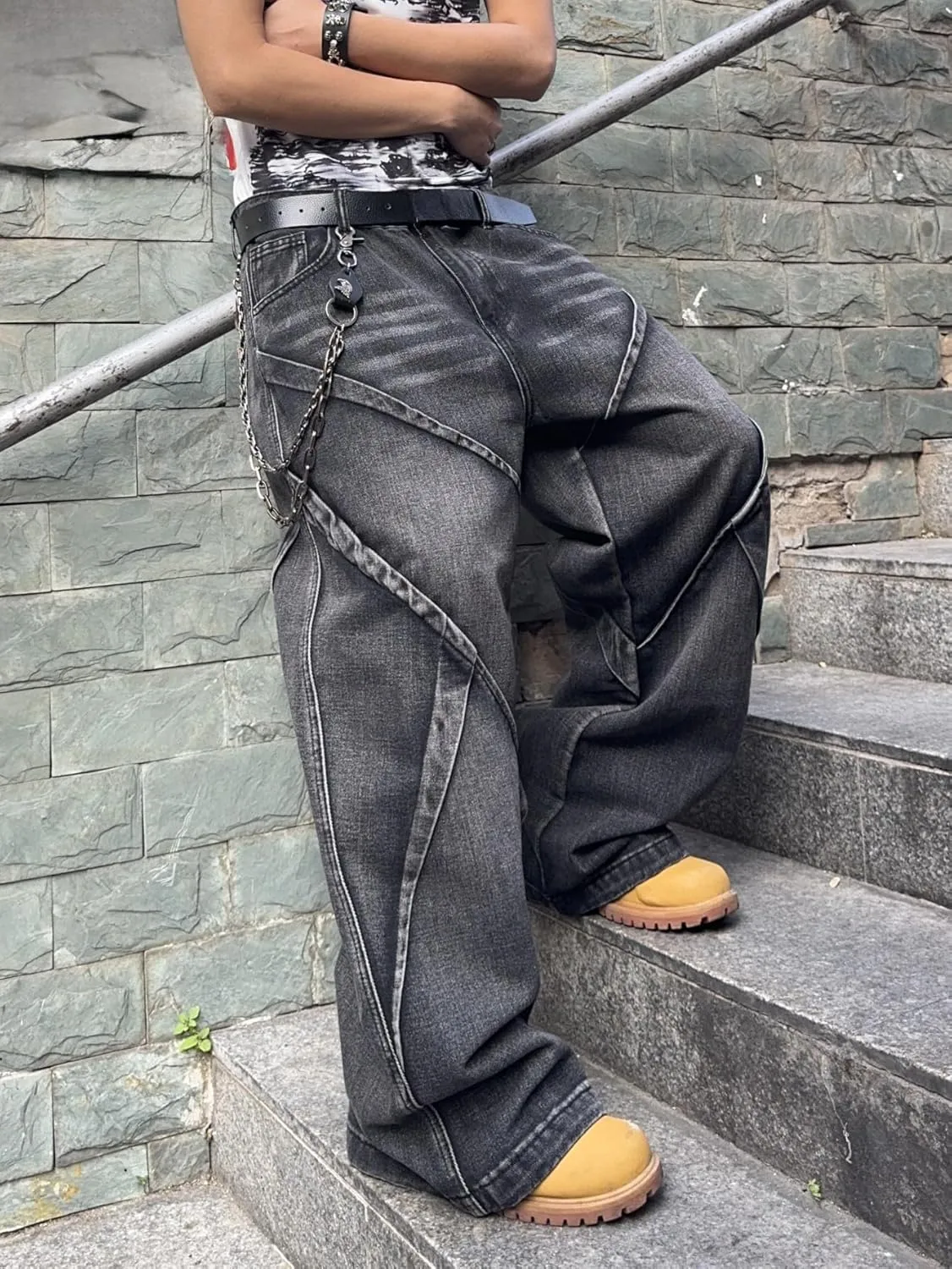 Mens Baggy Jeans Patchwork Y2k Hip Hop Wide Leg Denim Pants Casual Loose Fit Trousers Streetwear