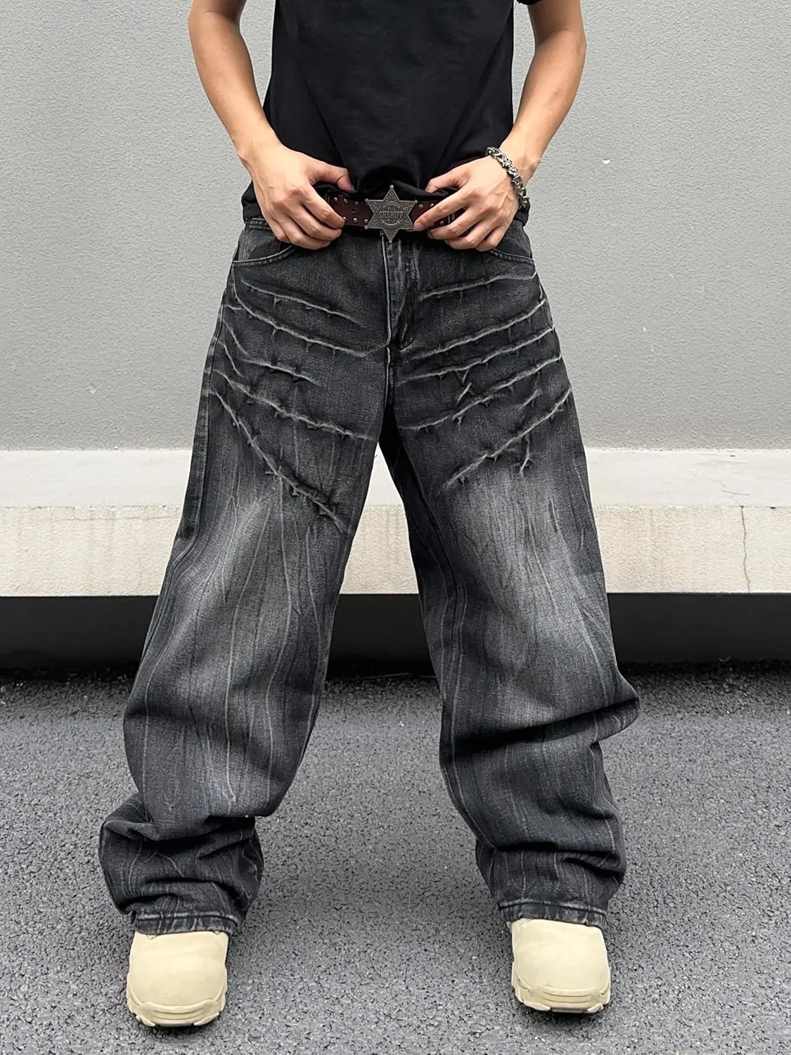 Mens Baggy Jeans Patchwork Y2k Hip Hop Wide Leg Denim Pants Casual Loose Fit Trousers Streetwear