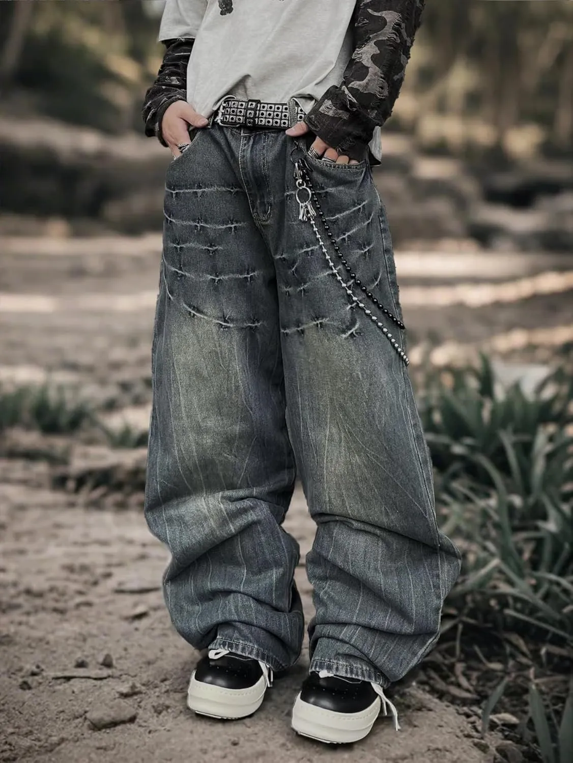Mens Baggy Jeans Patchwork Y2k Hip Hop Wide Leg Denim Pants Casual Loose Fit Trousers Streetwear