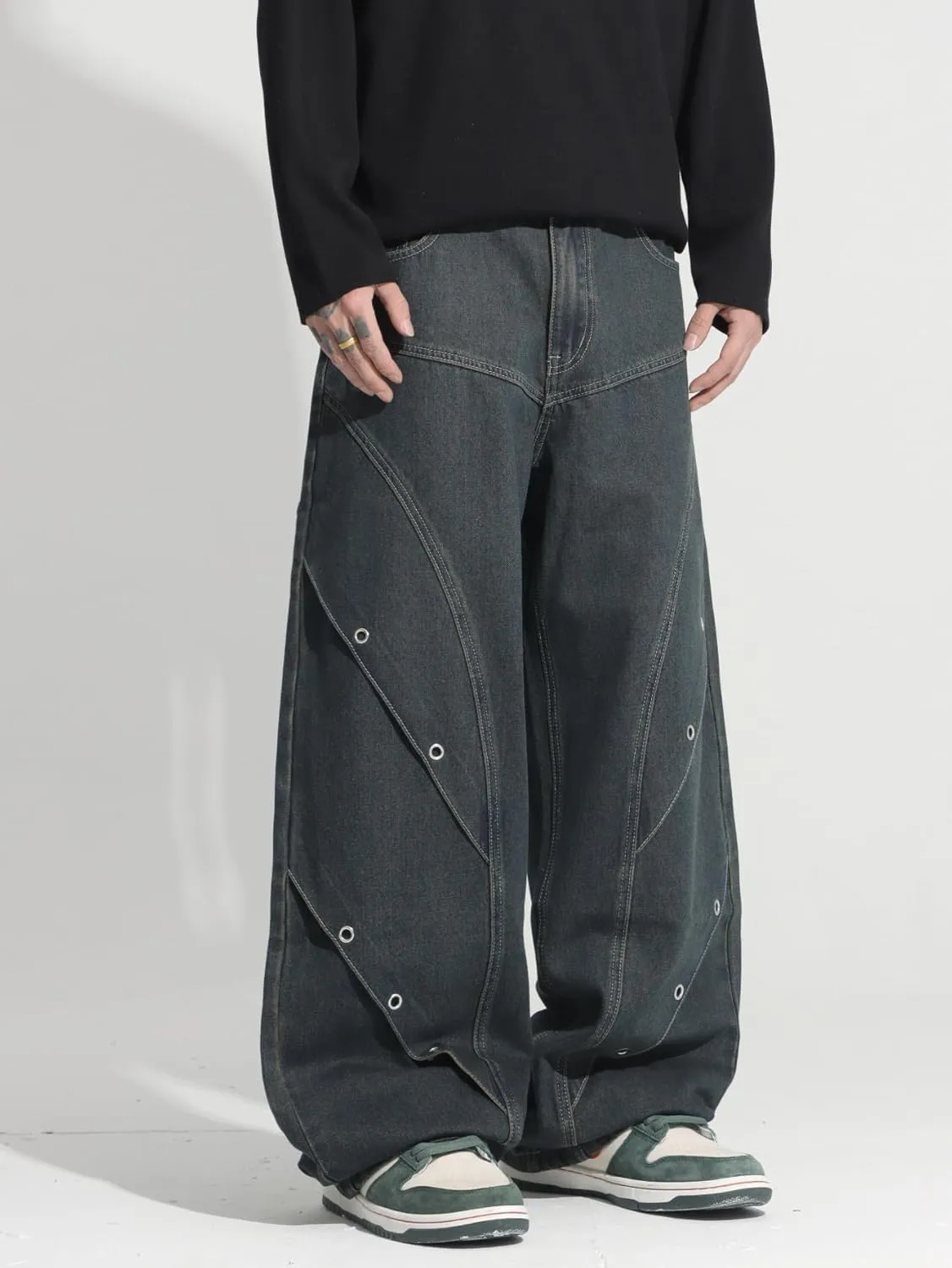 Mens Baggy Jeans Patchwork Y2k Hip Hop Wide Leg Denim Pants Casual Loose Fit Trousers Streetwear