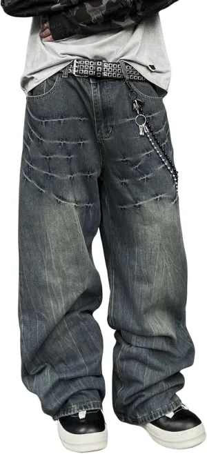Mens Baggy Jeans Patchwork Y2k Hip Hop Wide Leg Denim Pants Casual Loose Fit Trousers Streetwear