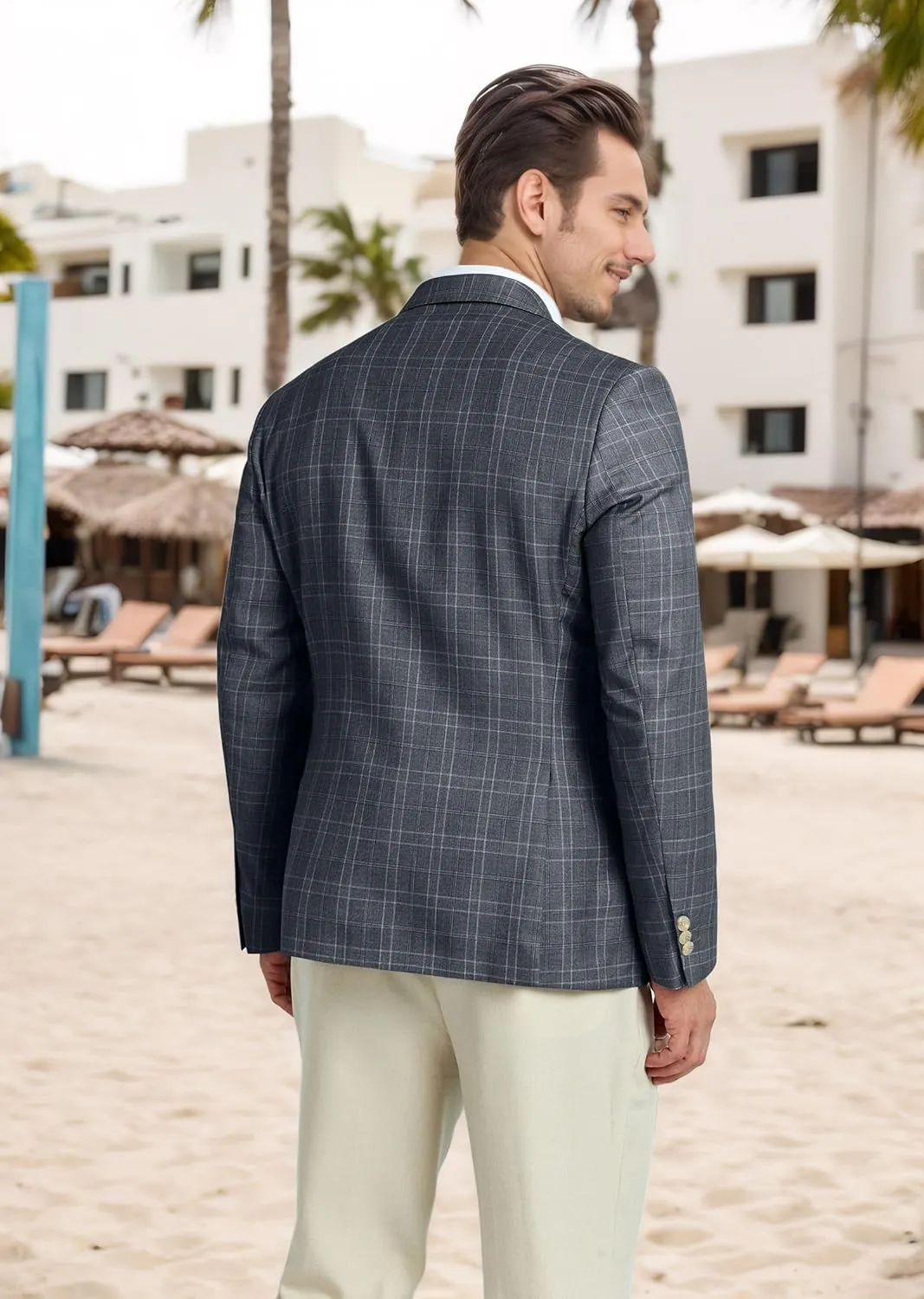 Mens Blazer Slim Fit Stripes Plaid Casual Suit Jacket for Men Two Buttons Business Lapel Sport Coats