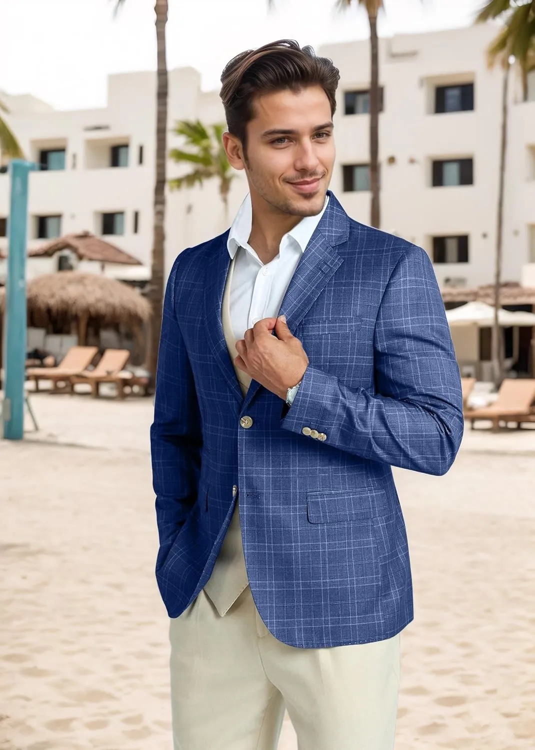 Mens Blazer Slim Fit Stripes Plaid Casual Suit Jacket for Men Two Buttons Business Lapel Sport Coats
