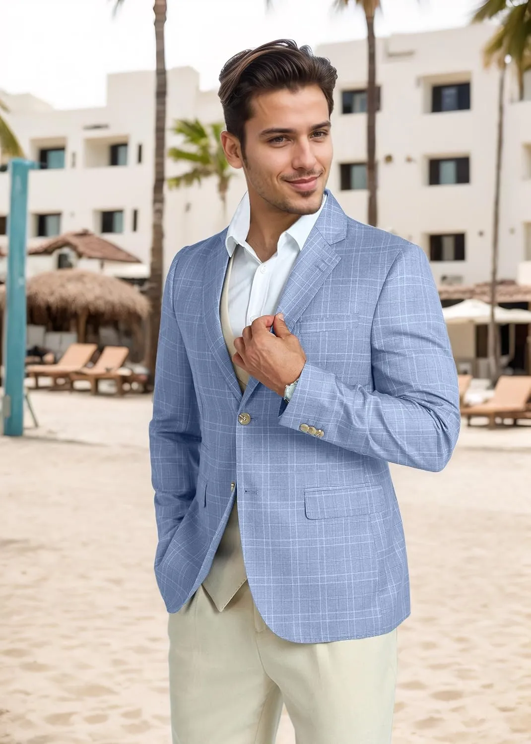 Mens Blazer Slim Fit Stripes Plaid Casual Suit Jacket for Men Two Buttons Business Lapel Sport Coats