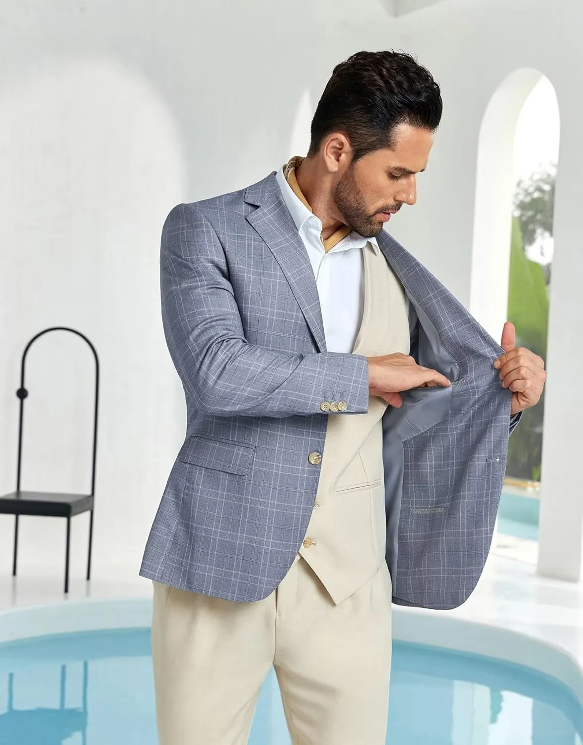 Mens Blazer Slim Fit Stripes Plaid Casual Suit Jacket for Men Two Buttons Business Lapel Sport Coats