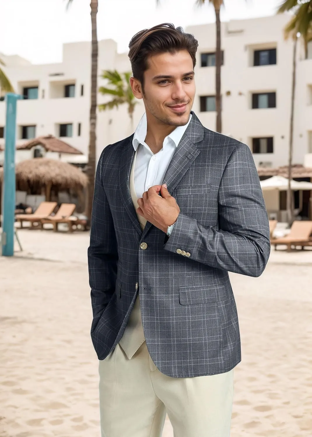Mens Blazer Slim Fit Stripes Plaid Casual Suit Jacket for Men Two Buttons Business Lapel Sport Coats