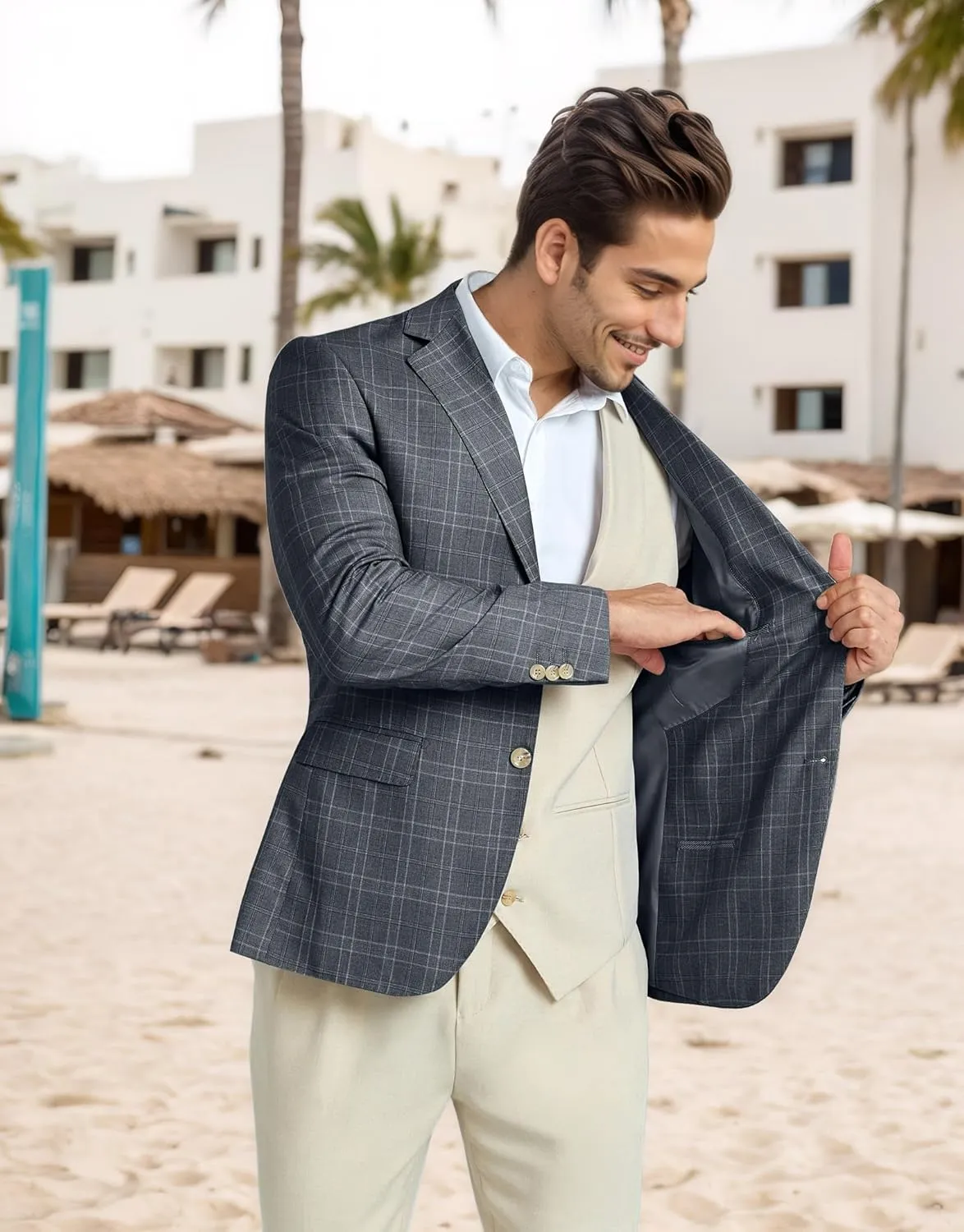 Mens Blazer Slim Fit Stripes Plaid Casual Suit Jacket for Men Two Buttons Business Lapel Sport Coats