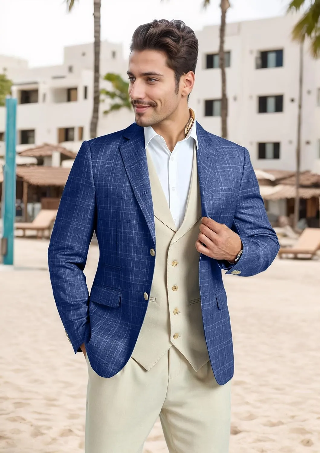 Mens Blazer Slim Fit Stripes Plaid Casual Suit Jacket for Men Two Buttons Business Lapel Sport Coats