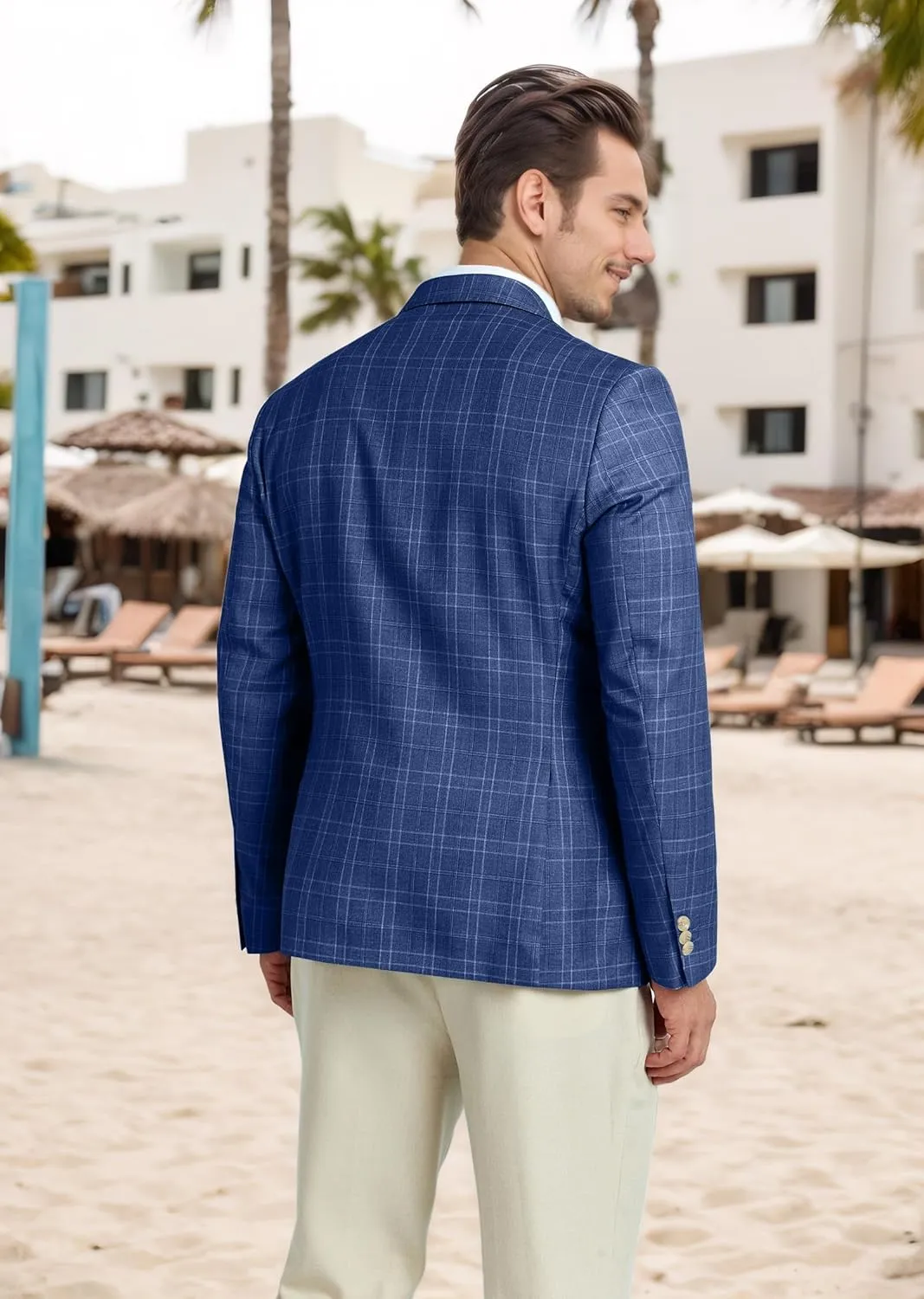 Mens Blazer Slim Fit Stripes Plaid Casual Suit Jacket for Men Two Buttons Business Lapel Sport Coats