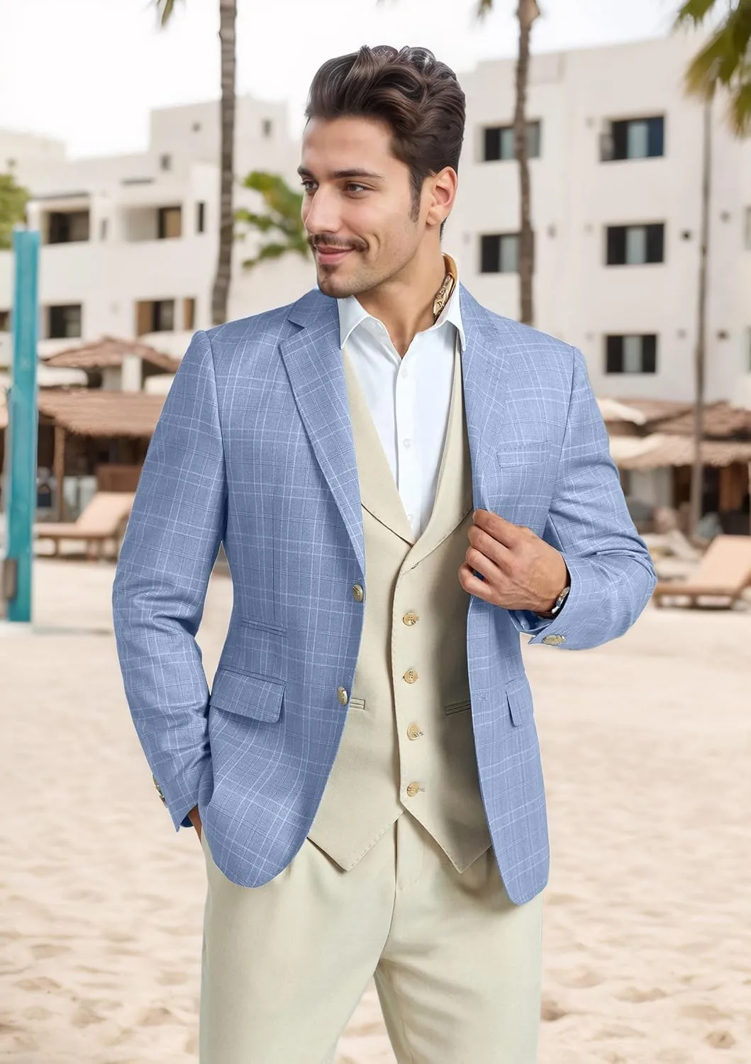 Mens Blazer Slim Fit Stripes Plaid Casual Suit Jacket for Men Two Buttons Business Lapel Sport Coats
