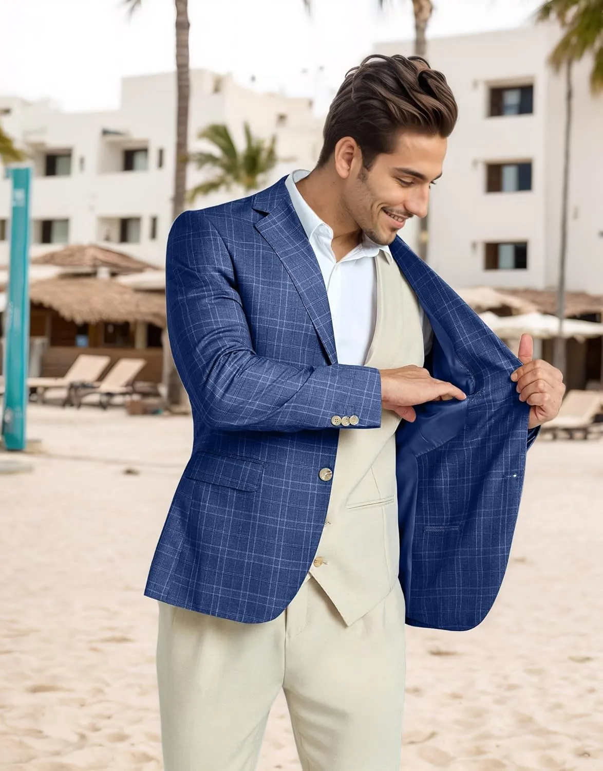 Mens Blazer Slim Fit Stripes Plaid Casual Suit Jacket for Men Two Buttons Business Lapel Sport Coats