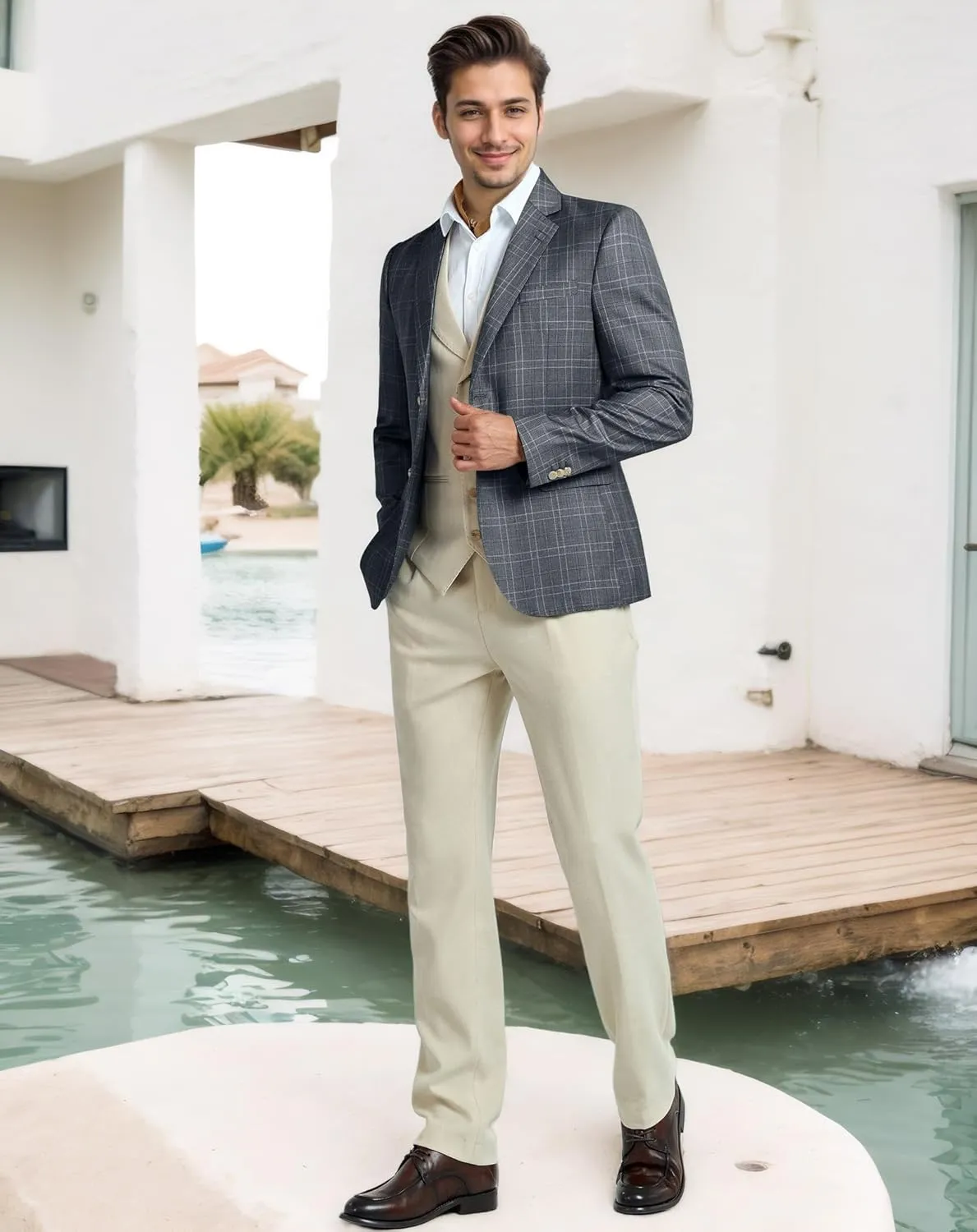 Mens Blazer Slim Fit Stripes Plaid Casual Suit Jacket for Men Two Buttons Business Lapel Sport Coats