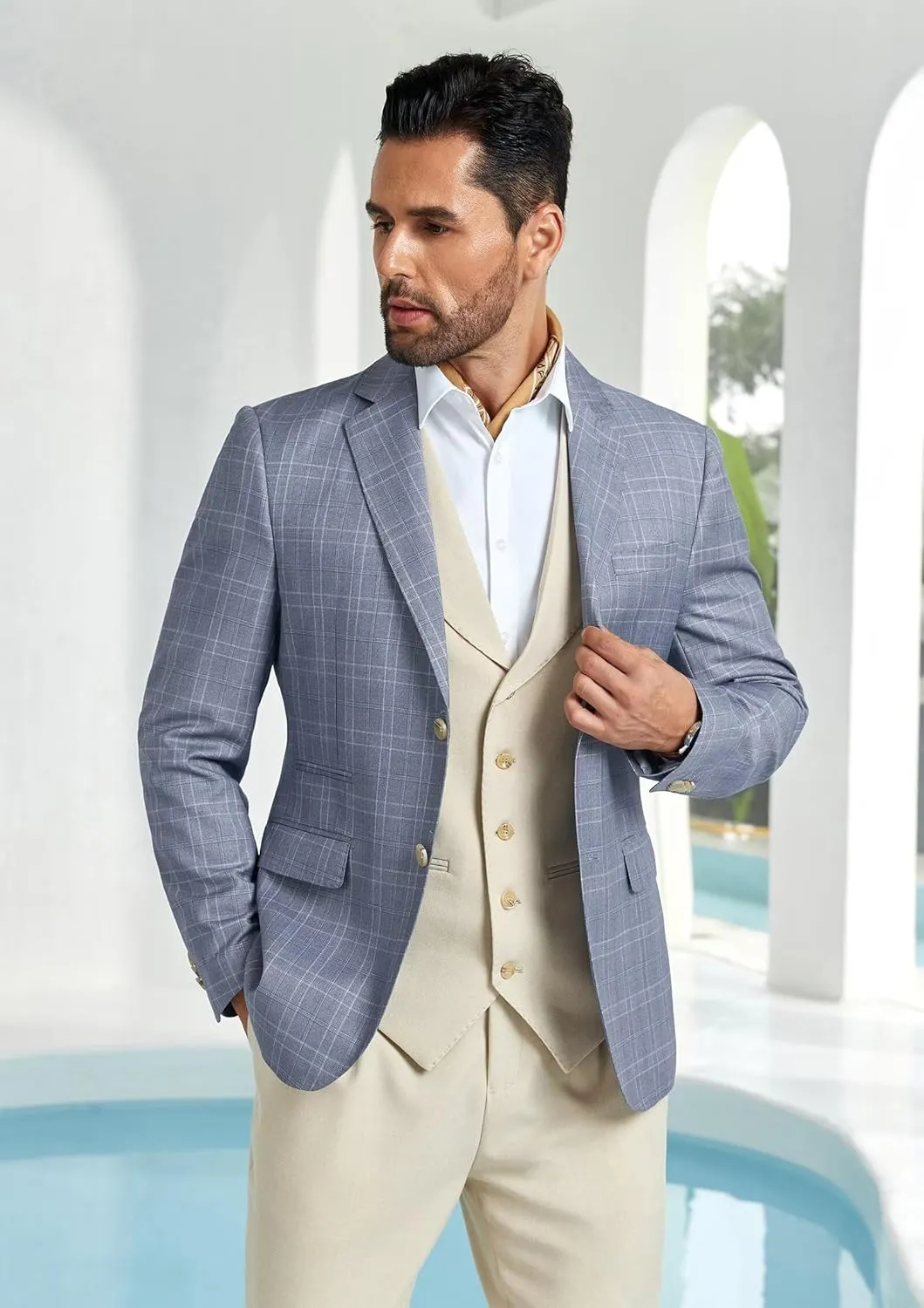 Mens Blazer Slim Fit Stripes Plaid Casual Suit Jacket for Men Two Buttons Business Lapel Sport Coats