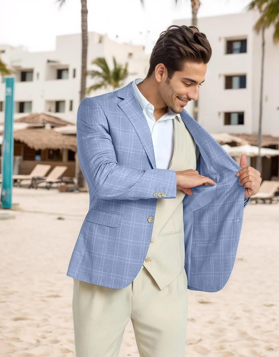 Mens Blazer Slim Fit Stripes Plaid Casual Suit Jacket for Men Two Buttons Business Lapel Sport Coats