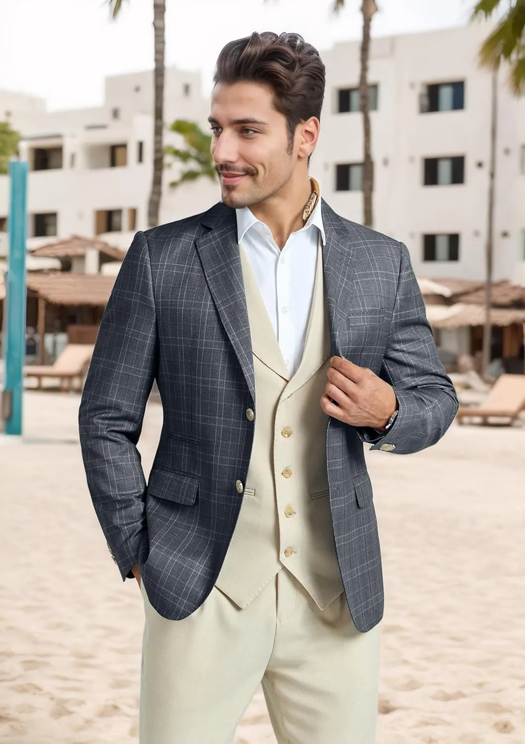 Mens Blazer Slim Fit Stripes Plaid Casual Suit Jacket for Men Two Buttons Business Lapel Sport Coats