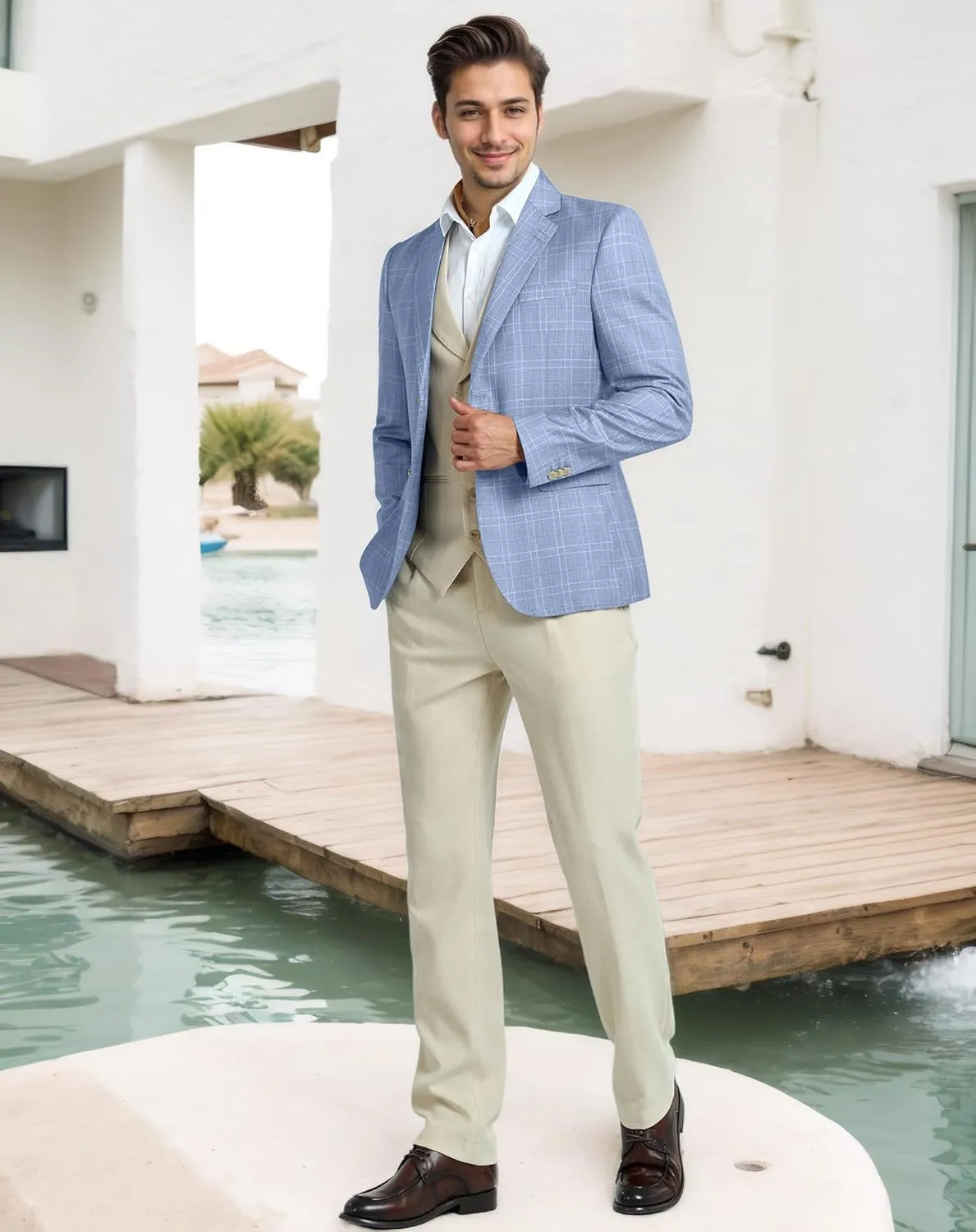 Mens Blazer Slim Fit Stripes Plaid Casual Suit Jacket for Men Two Buttons Business Lapel Sport Coats