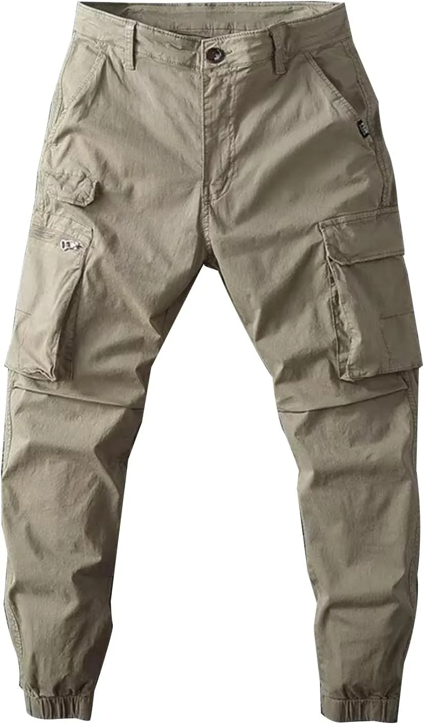 Men's Cargo Pants Slim Fit Work Pants with Zipper Pockets Elastic Waist for Outdoor Hiking Travel and Daily Wear