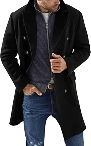Men's Casual Solid Color Mid-Length Woolen Coat Fashion Thermal Wool Blend Thick Jackets Double Breasted Trench Coats
