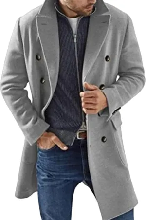 Men's Casual Solid Color Mid-Length Woolen Coat Fashion Thermal Wool Blend Thick Jackets Double Breasted Trench Coats