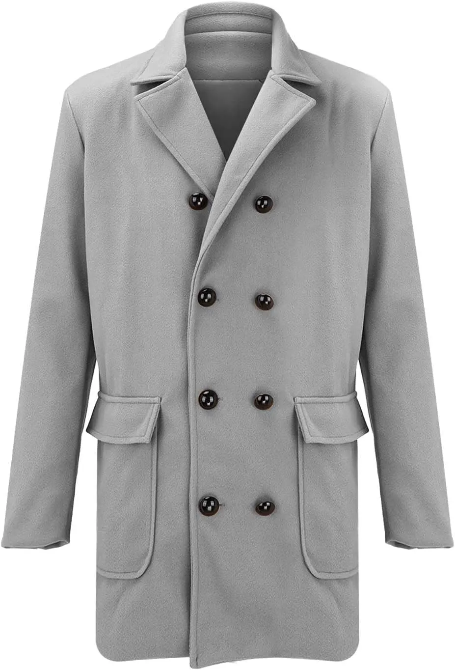 Men's Casual Solid Color Mid-Length Woolen Coat Fashion Thermal Wool Blend Thick Jackets Double Breasted Trench Coats