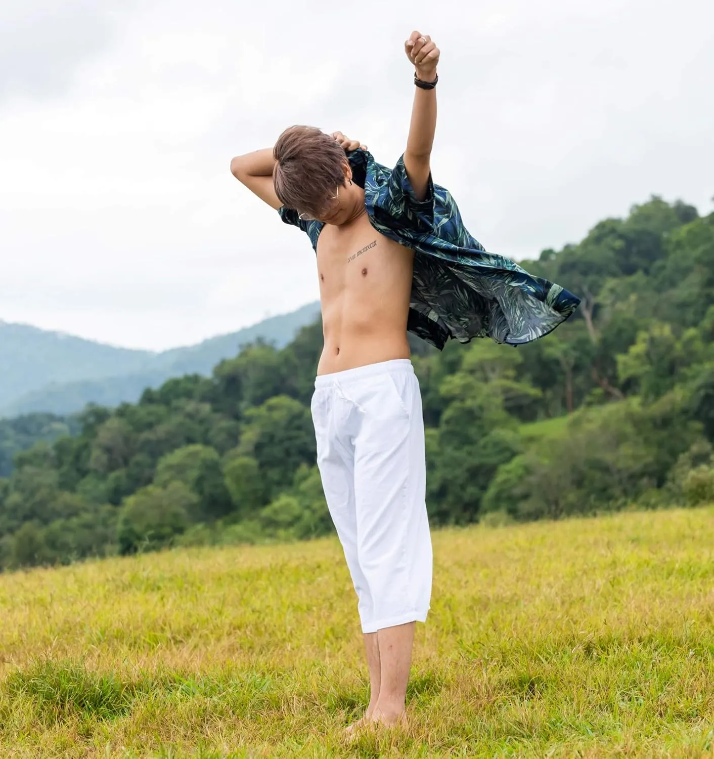 Mens Cotton Pilates Yoga Beach Lounge Sleep Pajama Capri Pants