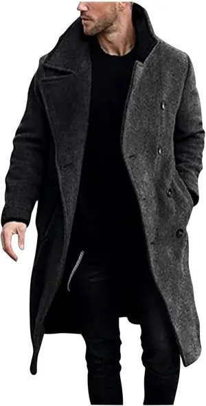 Mens Double Breasted Trench Coat Casual Lapel Collar Business Winter Long Overcoats Solid Color Men Warm Outwear