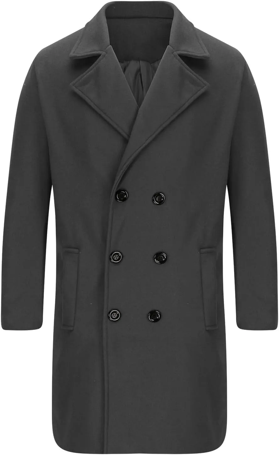 Mens Double Breasted Trench Coat Casual Lapel Collar Business Winter Long Overcoats Solid Color Men Warm Outwear
