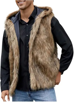 Mens Faux Fur Vest Open Front Sleeveless Hooded Cardigan Fluffy Plush Winter Fashion Faux Fur Hoodie Jackets