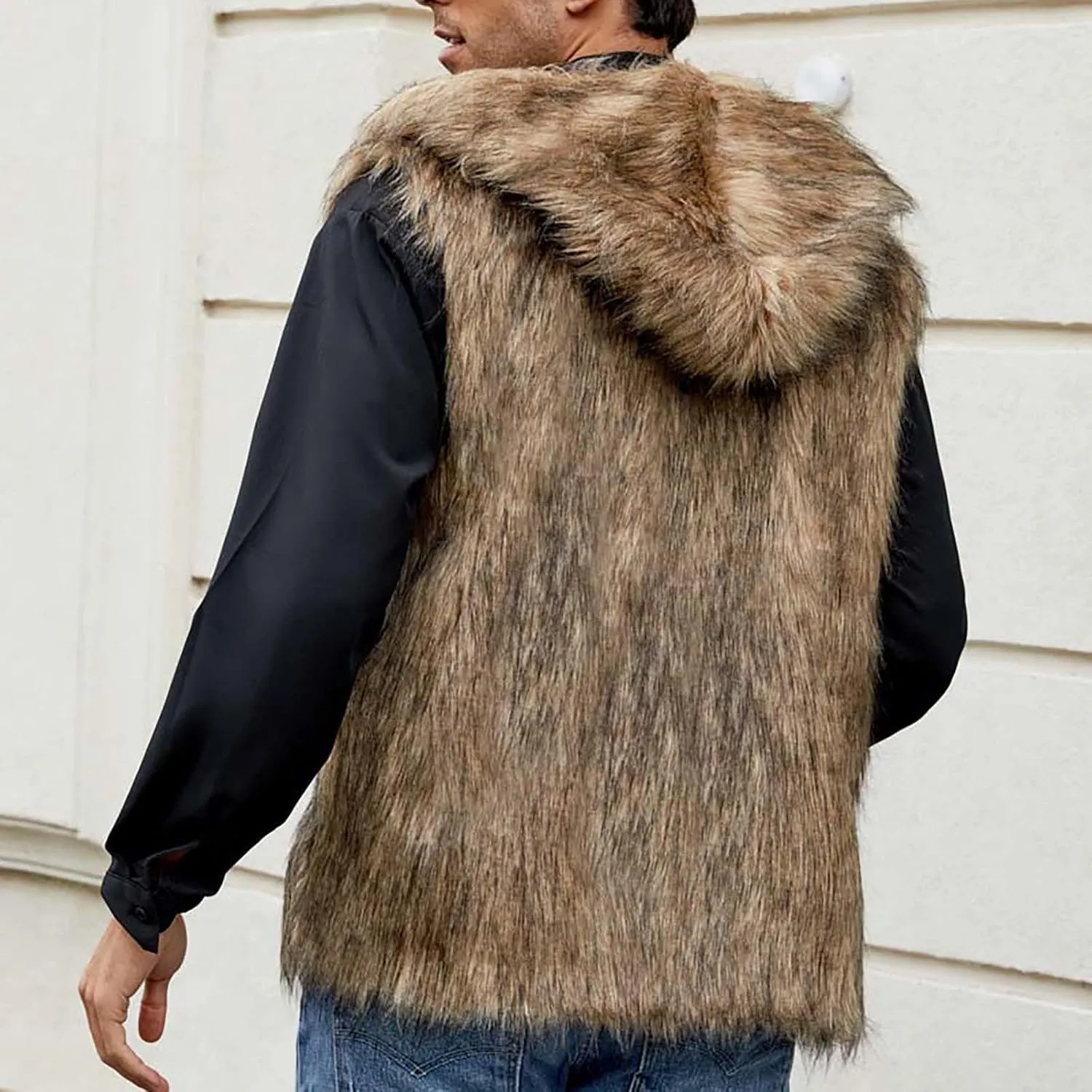 Mens Faux Fur Vest Open Front Sleeveless Hooded Cardigan Fluffy Plush Winter Fashion Faux Fur Hoodie Jackets