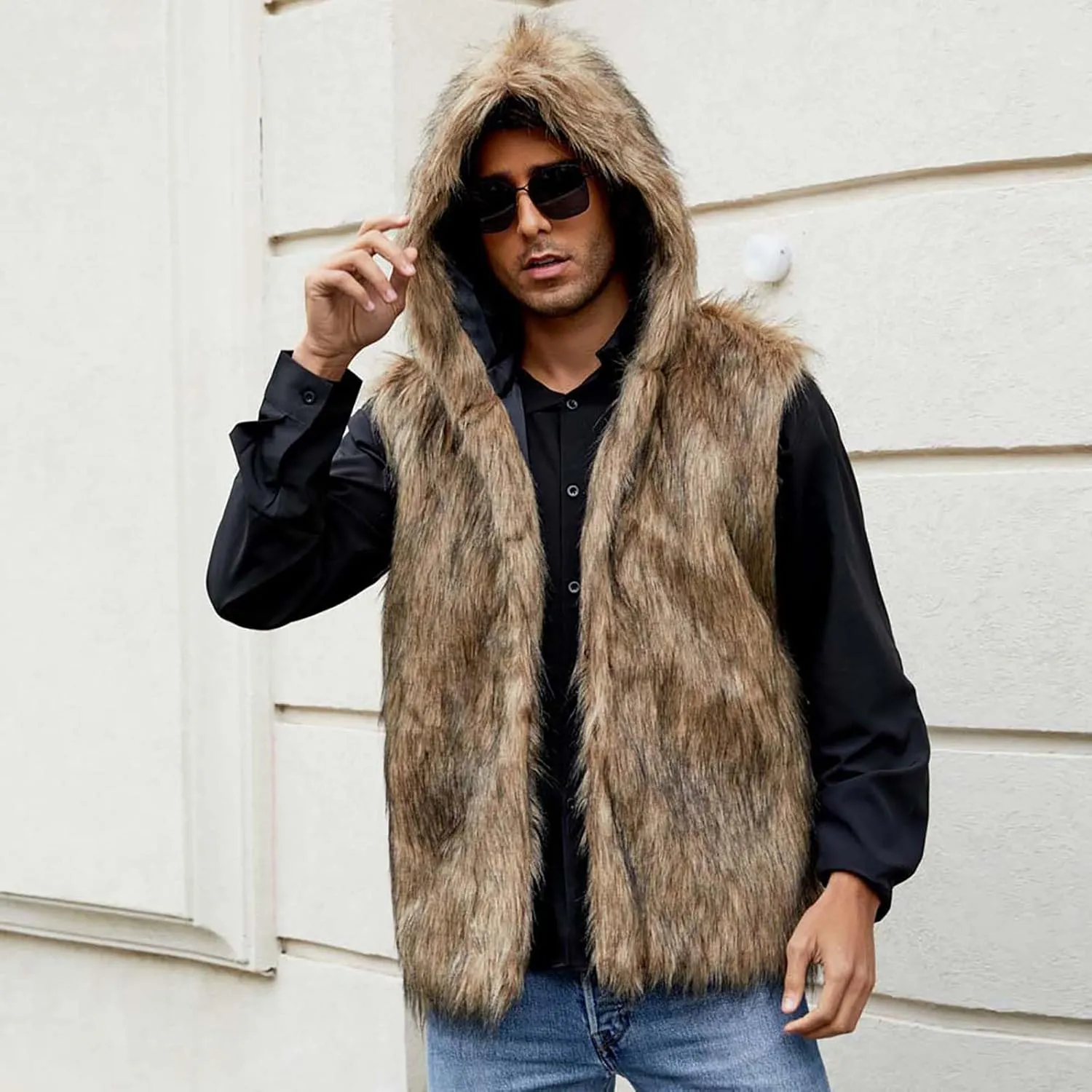 Mens Faux Fur Vest Open Front Sleeveless Hooded Cardigan Fluffy Plush Winter Fashion Faux Fur Hoodie Jackets