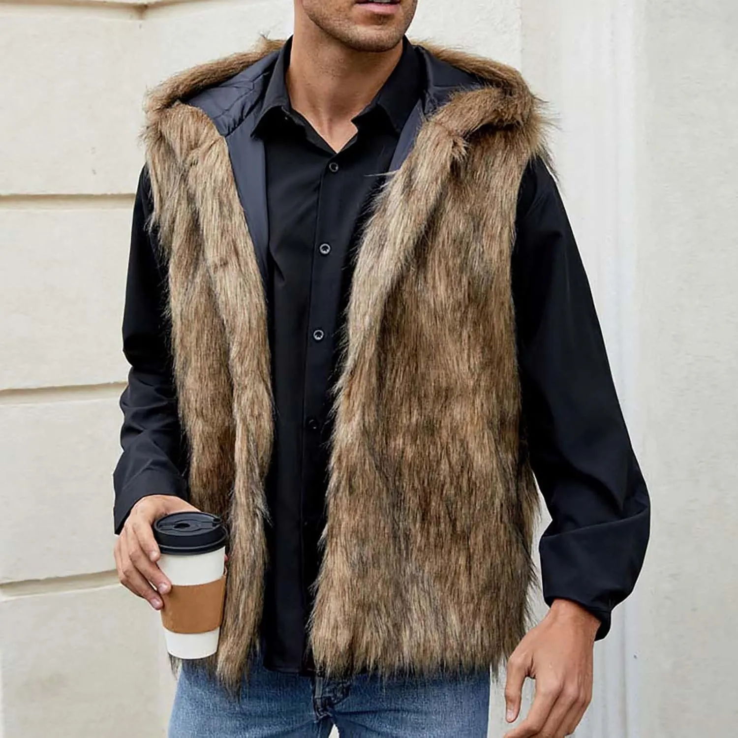 Mens Faux Fur Vest Open Front Sleeveless Hooded Cardigan Fluffy Plush Winter Fashion Faux Fur Hoodie Jackets