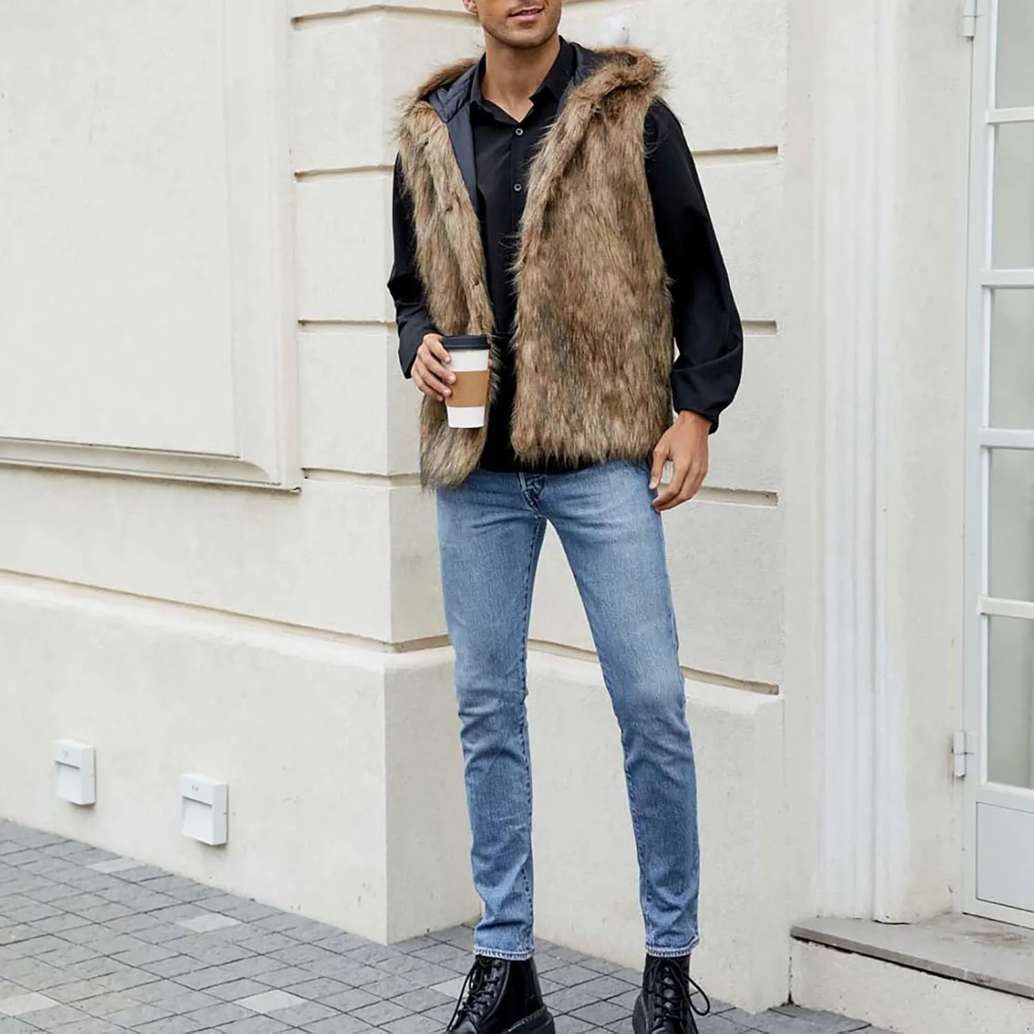 Mens Faux Fur Vest Open Front Sleeveless Hooded Cardigan Fluffy Plush Winter Fashion Faux Fur Hoodie Jackets