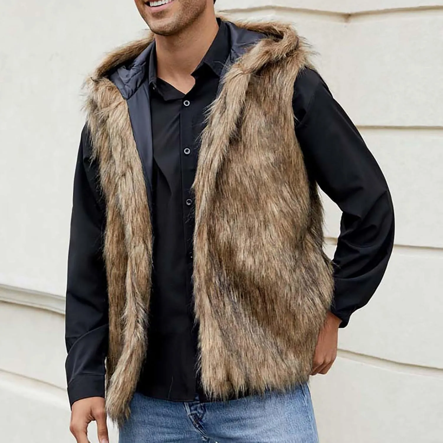 Mens Faux Fur Vest Open Front Sleeveless Hooded Cardigan Fluffy Plush Winter Fashion Faux Fur Hoodie Jackets
