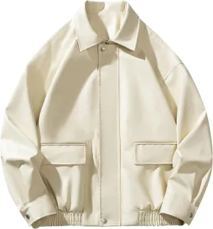 Men's Leather Jacket Coat Stand Collar Button Zipper Solid Color PU Jacket Motorcycle Biker Outwear with Pockets