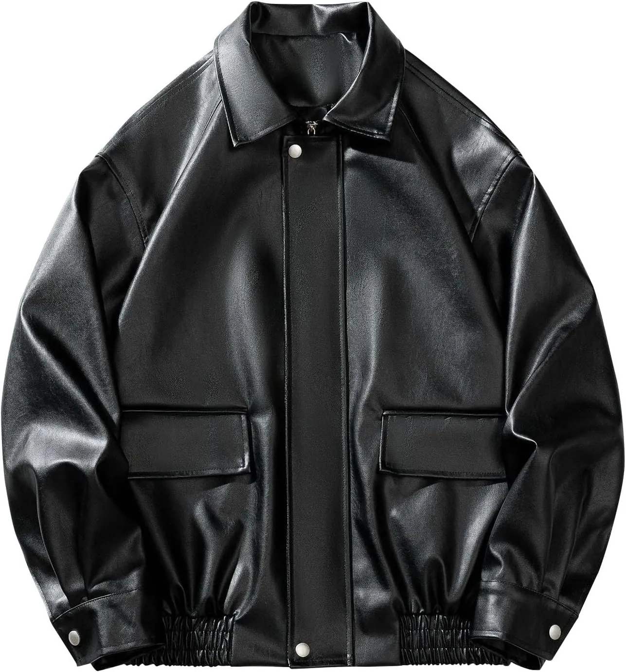 Men's Leather Jacket Coat Stand Collar Button Zipper Solid Color PU Jacket Motorcycle Biker Outwear with Pockets