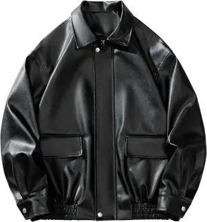 Men's Leather Jacket Coat Stand Collar Button Zipper Solid Color PU Jacket Motorcycle Biker Outwear with Pockets