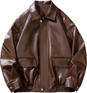 Men's Leather Jacket Coat Stand Collar Button Zipper Solid Color PU Jacket Motorcycle Biker Outwear with Pockets