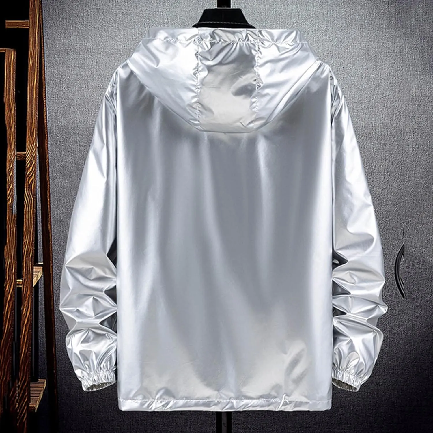 Men's Reflective Trench Jacket Windbreaker Jackets with Hood Lightweight Loose Fit Long Rain Coats Outdoor Jackets
