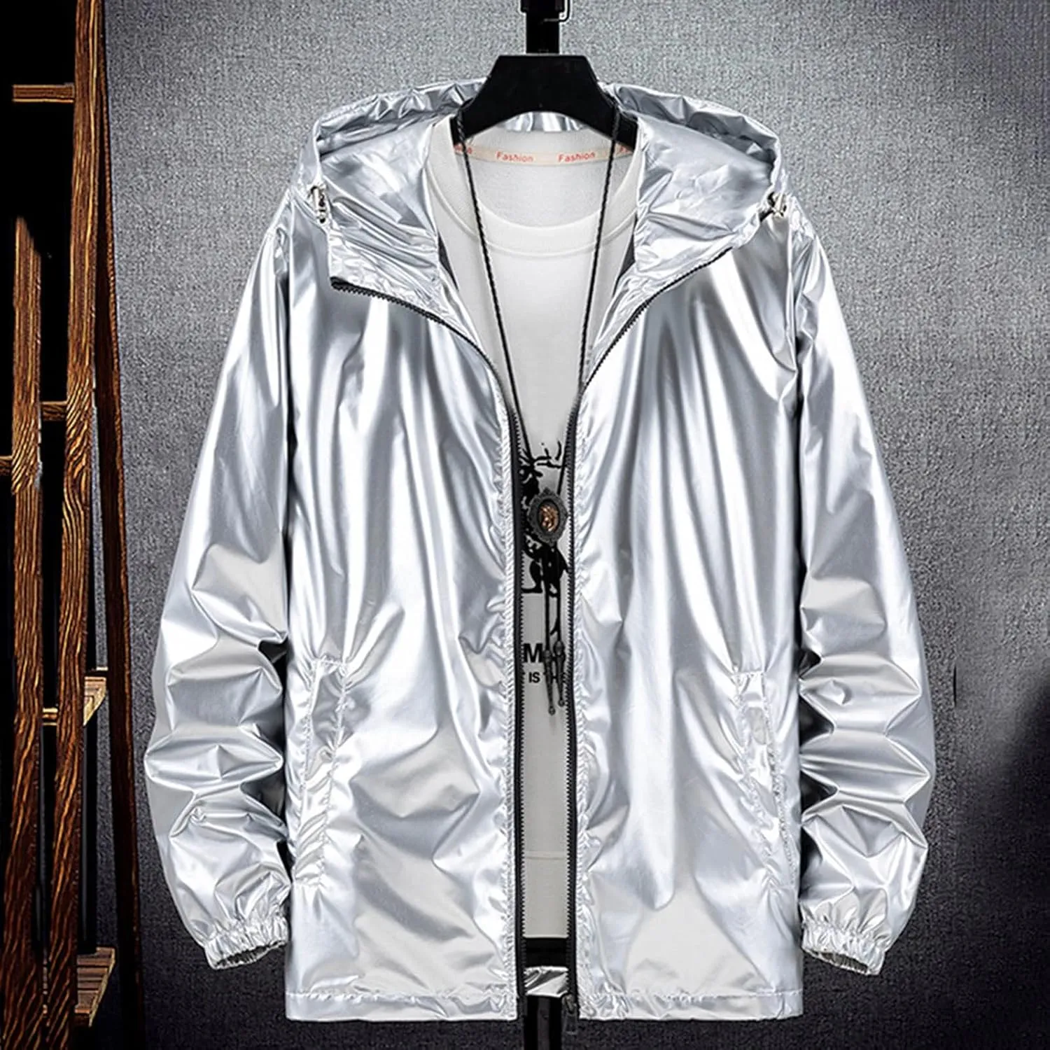 Men's Reflective Trench Jacket Windbreaker Jackets with Hood Lightweight Loose Fit Long Rain Coats Outdoor Jackets
